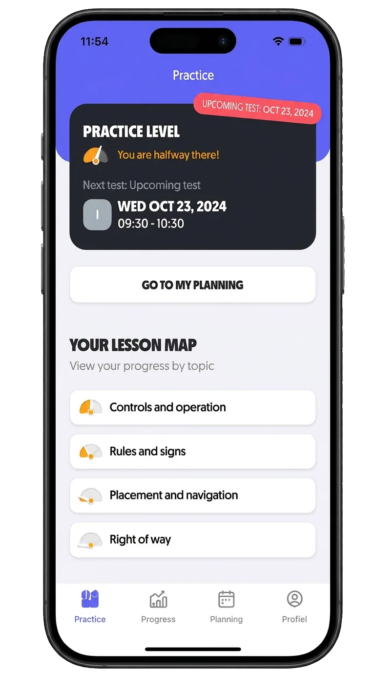 Driving School Leiden OnMyWay app, progress tracking towards your Dutch rijbewijs B