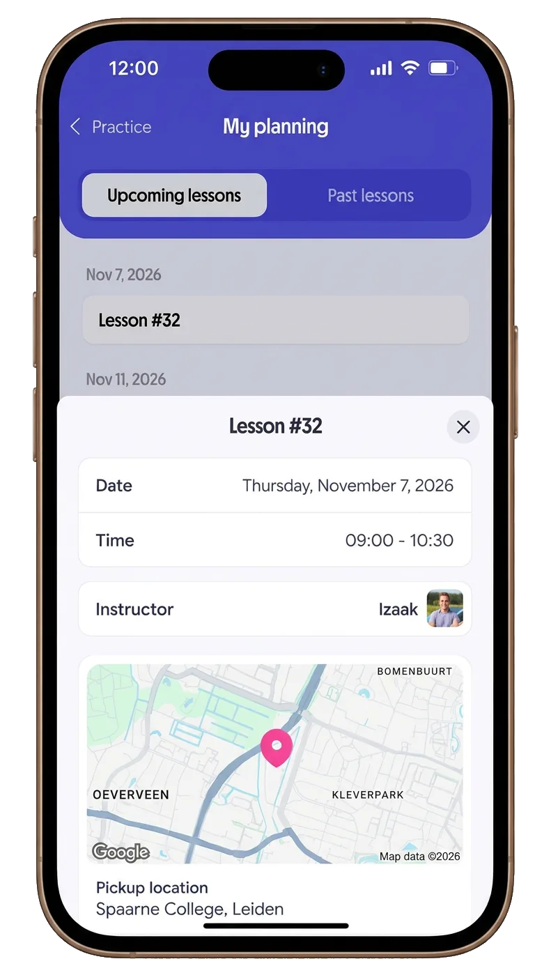 Driving School Leiden OnMyWay app, personal lesson planning for the Dutch CBR exam